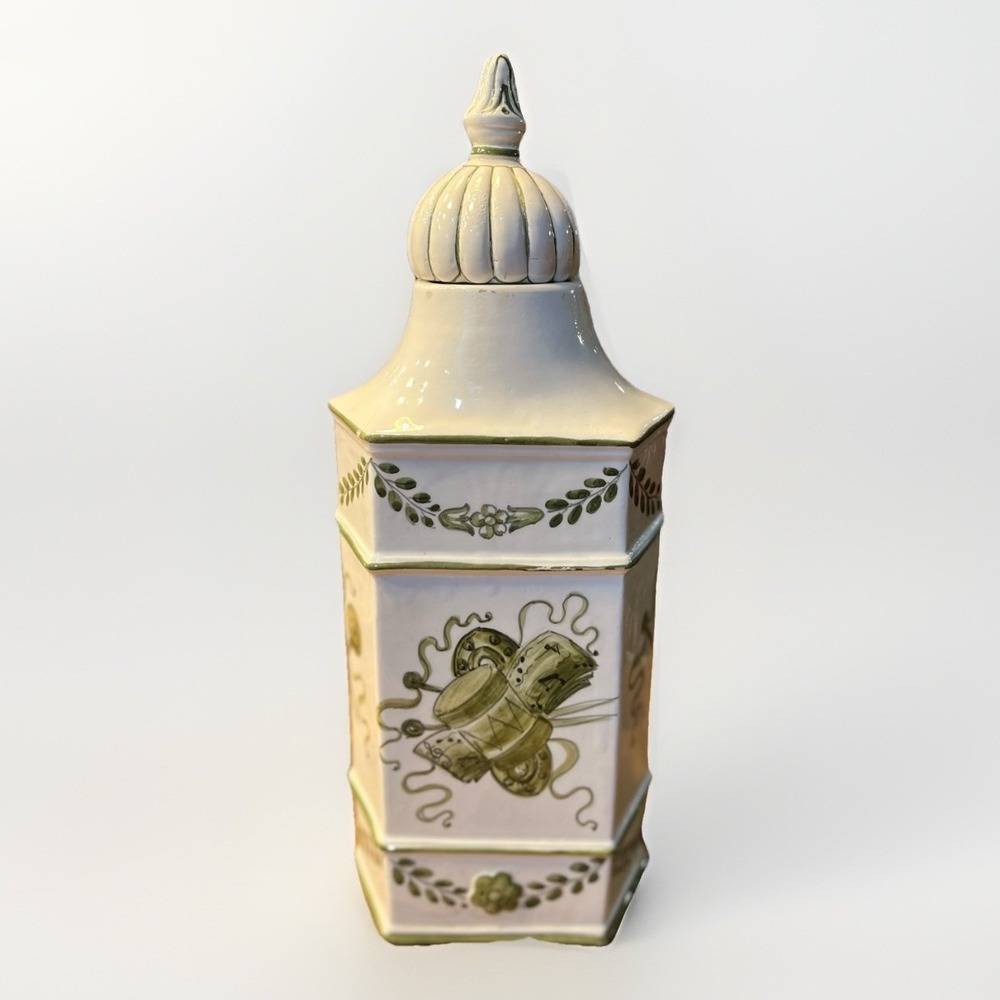 Ceramic Italy Spaghetti Pasta Canister Storage Jar Olive Leaves Green 14" Lovely